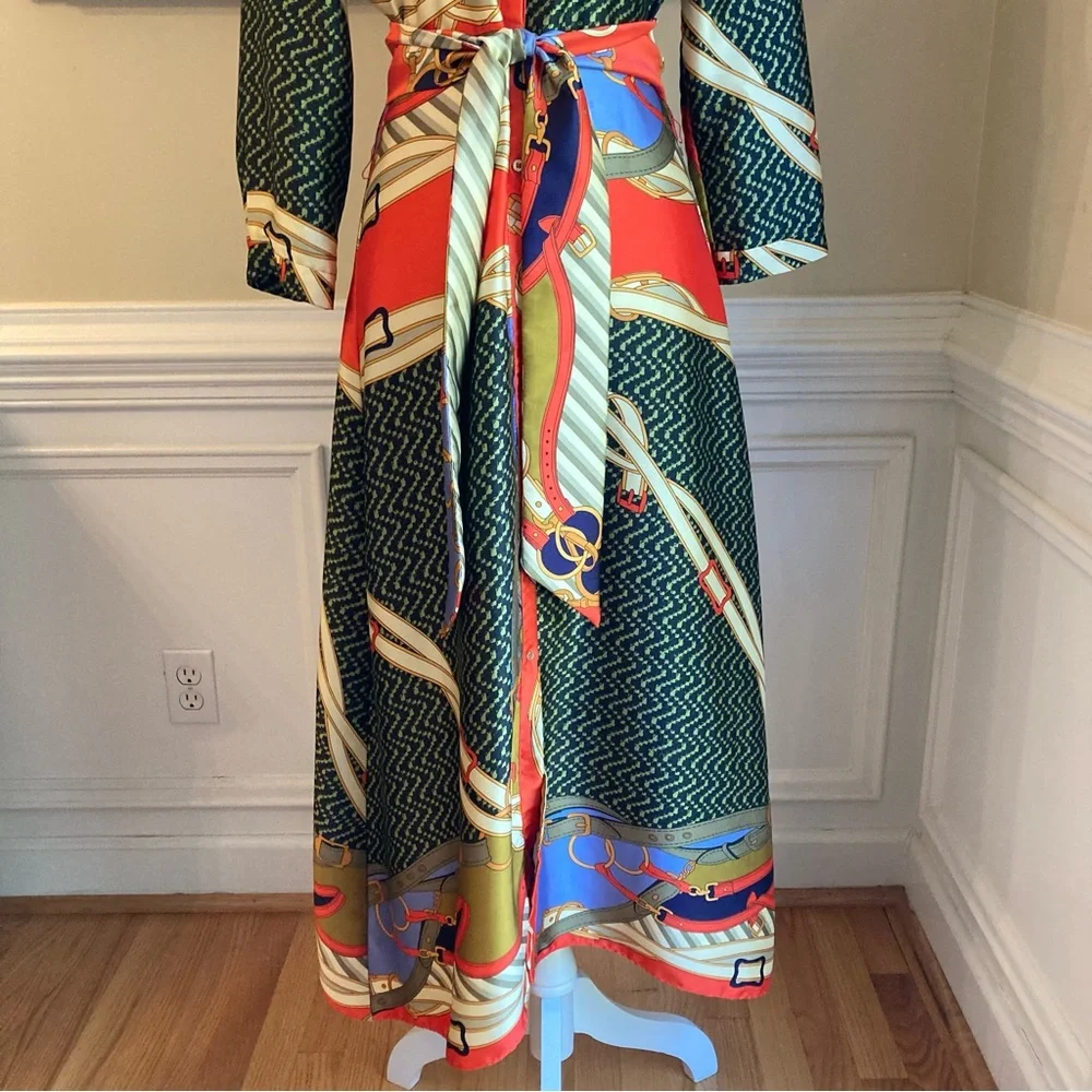 ZARA Scarf Print Midi Maxi Satin Long Sleeve Button Down Shirt Dress - Picture 4 of 14